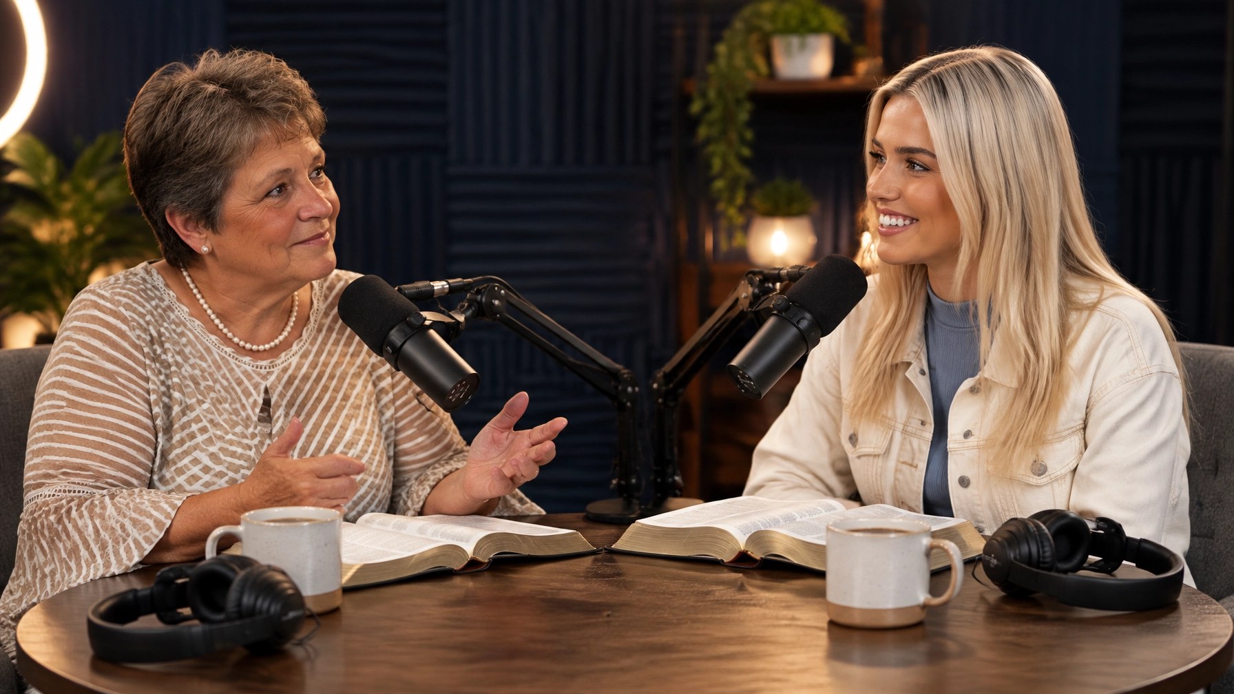 podcast Two women recording a podcast at a table with microphones, Bibles and coffee